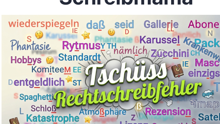 Schreibmama Wortwolke mit Tschüss Rechtschreibfehler