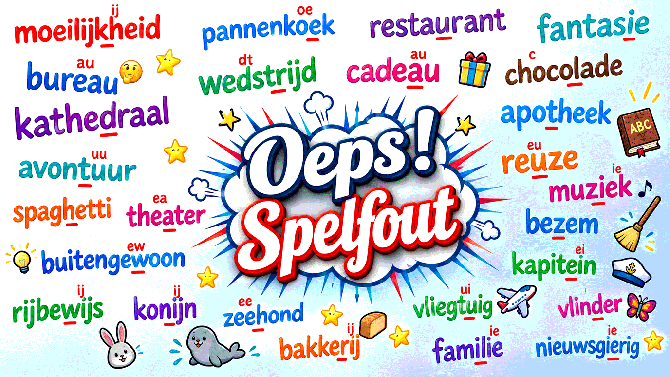 „Oeps! Spelfout” tussen vaak fout geschreven woorden zoals moeilijkheid, bureau en kathedraal, met de juiste letters gemarkeerd