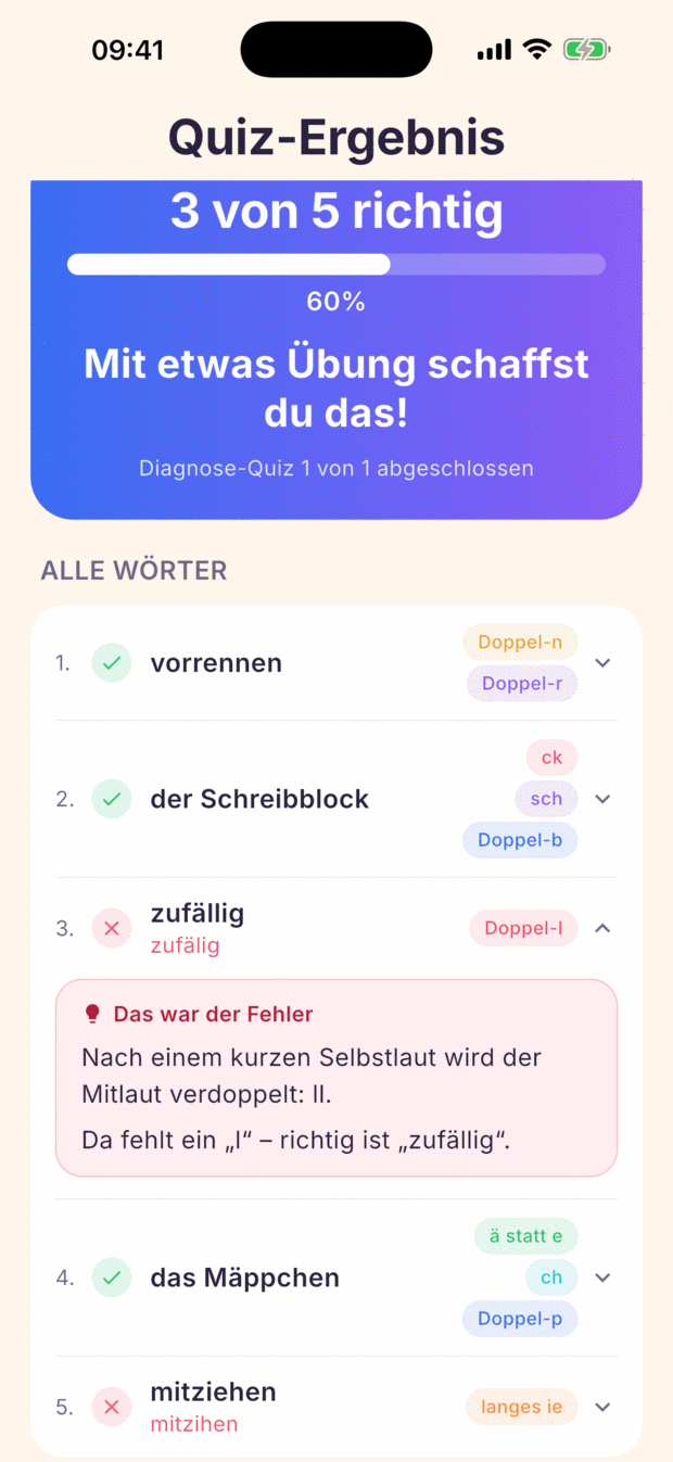 Quiz-Ergebnis mit drei von fünf richtigen Wörtern und allen Wörtern samt Kategorien