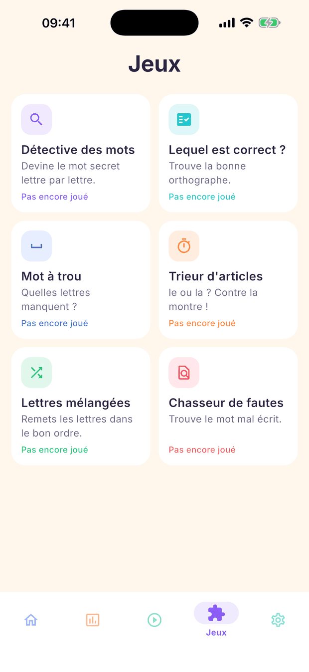 Les six jeux : Détective des mots, Quelle est la bonne orthographe ?, Mot à compléter, Le bon article, Lettres mélangées, Détective des fautes