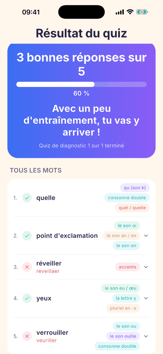 Résultat du quiz : trois bonnes réponses sur cinq, avec tous les mots et leurs catégories