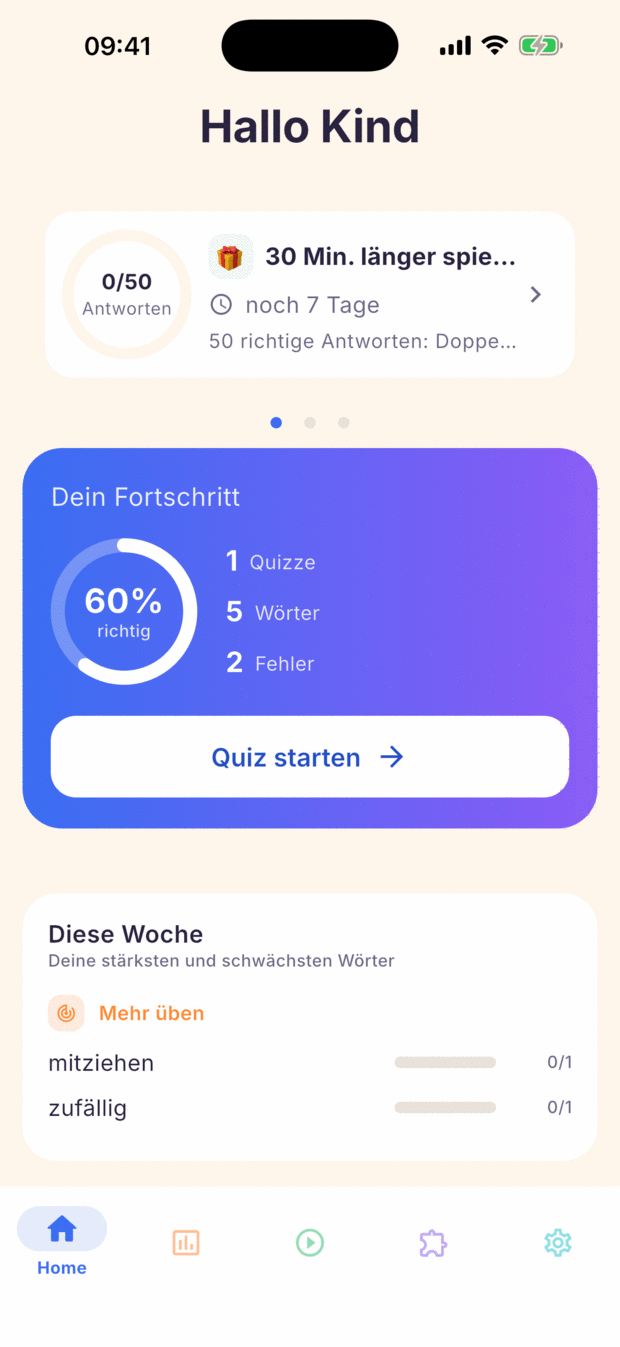 Startbildschirm von SchreibMama mit Wochenziel, Fortschrittsring und den Wörtern dieser Woche