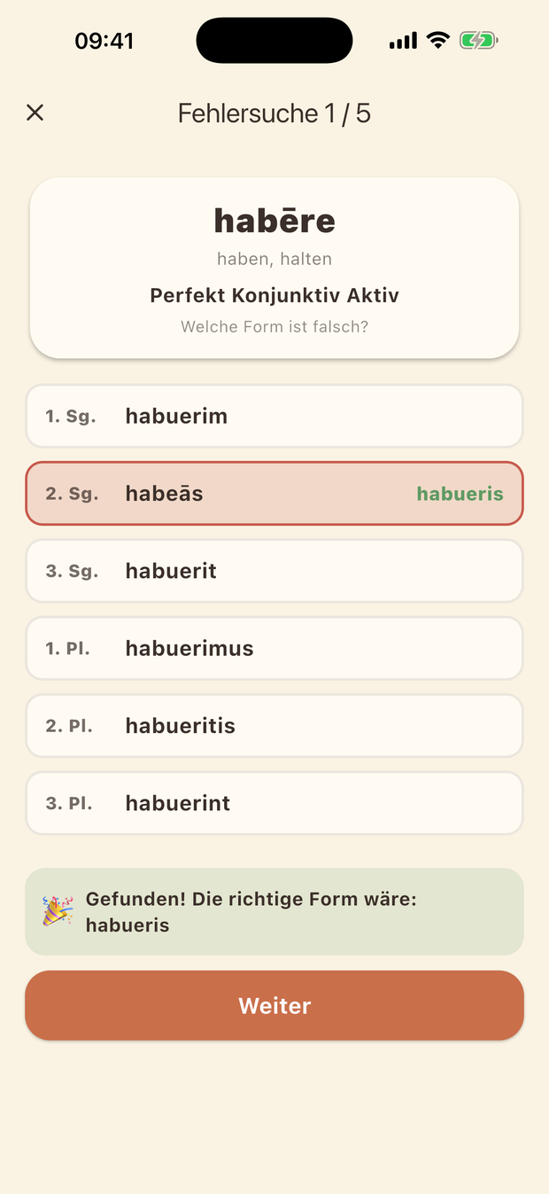 Fehlersuche im Meister-Modus: in der Tabelle von habēre steckt genau eine falsche Form