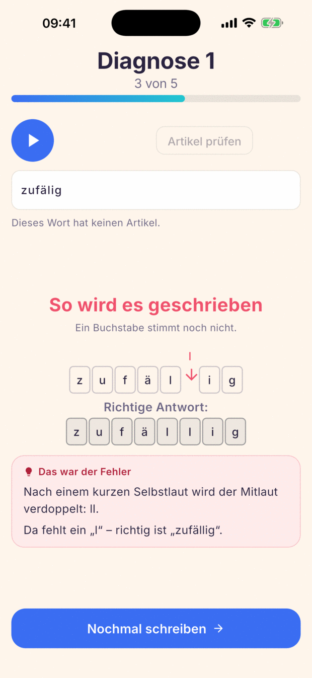 Korrektur des Wortes „zufällig“ mit dem fehlenden Buchstaben und der Regel dahinter