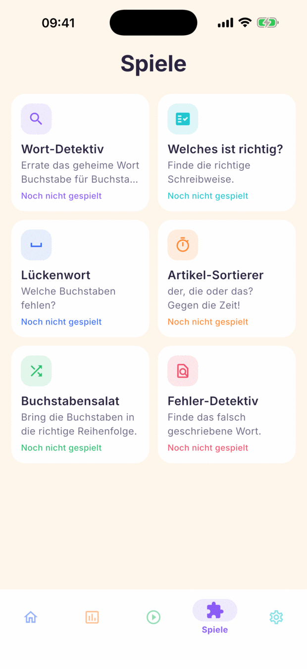 Übersicht der sechs Lernspiele: Wort-Detektiv, Welches ist richtig, Lückenwort, Artikel-Sortierer, Buchstabensalat, Fehler-Detektiv