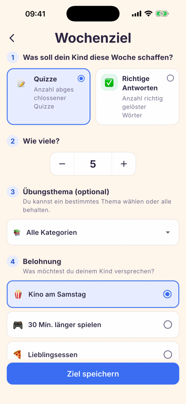 Wochenziel auf einer Seite: Ziel, Anzahl, Übungsthema und Belohnung